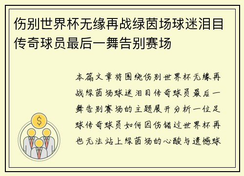 伤别世界杯无缘再战绿茵场球迷泪目传奇球员最后一舞告别赛场
